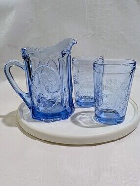 Tiara Exclusive Blue Child's Nursery Rhyme Pitcher & Tumbler  Glass Beverage Set